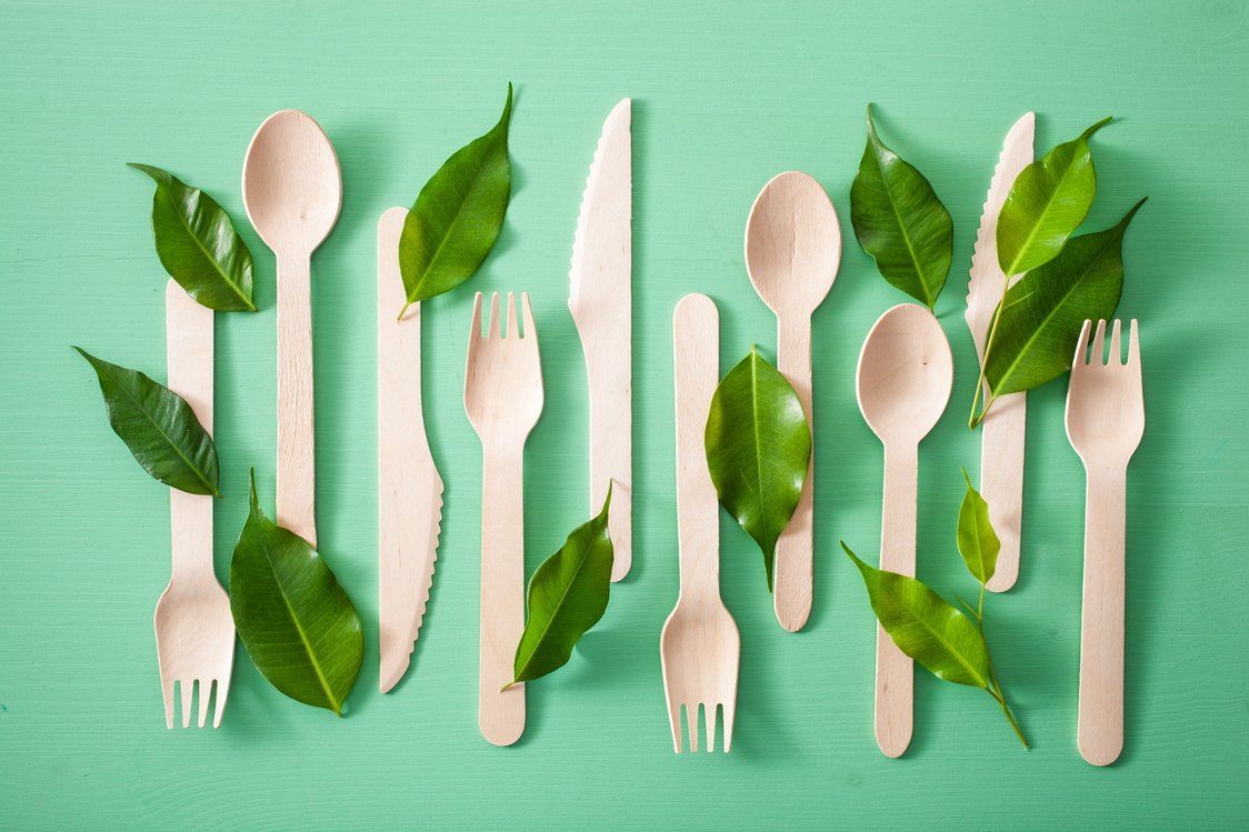 Eco Friendly Wooden Cutlery with Green Leaves  Top View 